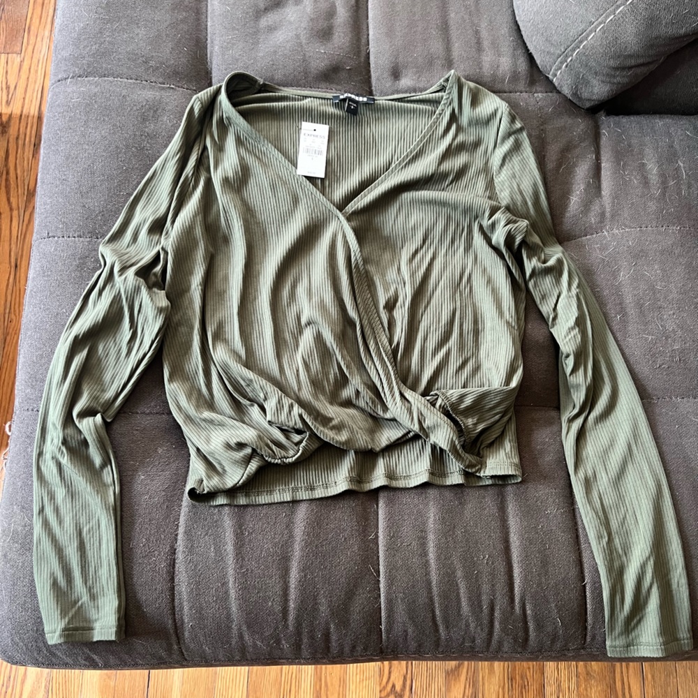Express women’s olive green cropped long sleeved wrap shirt
